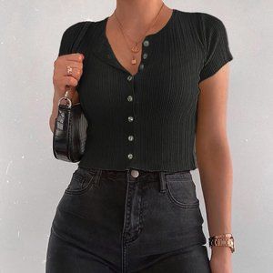 Short Sleeve Button Crop Top